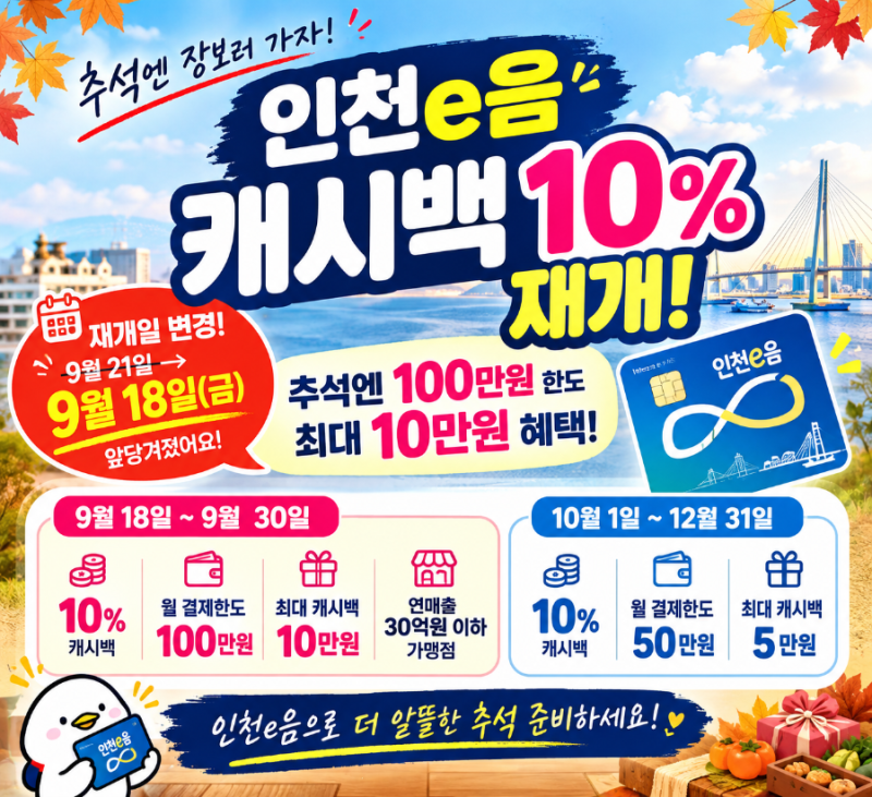 인천e음 이음카드 10% 캐시백 재개! 추석엔 100만원 한도 최대 10만원 혜택