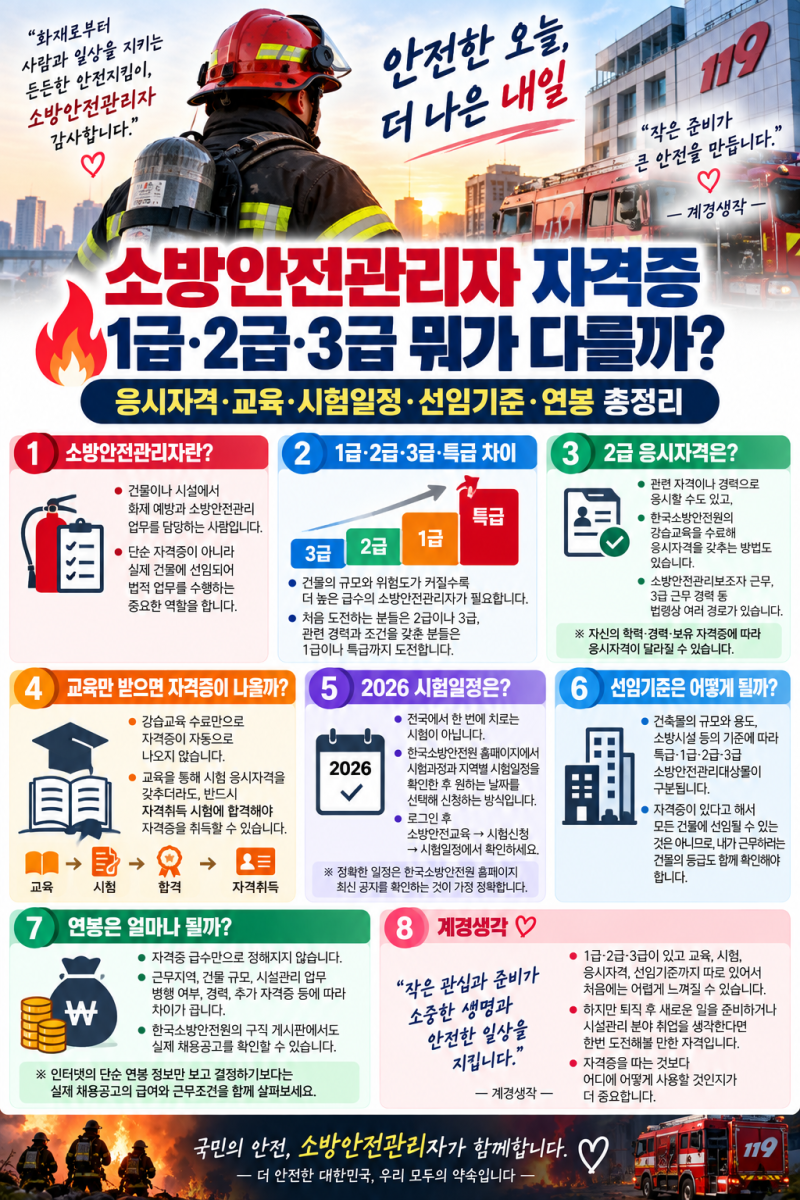 소방안전관리자 자격증, 1급·2급·3급 뭐가 다를까? 응시자격·교육·시험일정·선임기준·연....