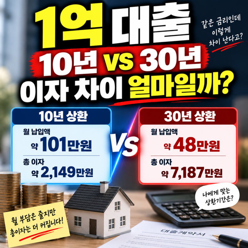 1억 대출 10년 vs 30년, 월 납입액·총이자 얼마나 차이날까?