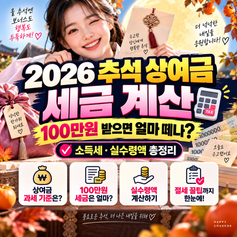 2026 추석 상여금 세금 계산｜100만원 받으면 얼마 떼나? 소득세·실수령액 총정리