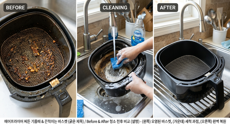 에어프라이어 찌든 기름때와 끈적이는 바스켓 10분 만에 싹 지운 베이킹소다 청소법
