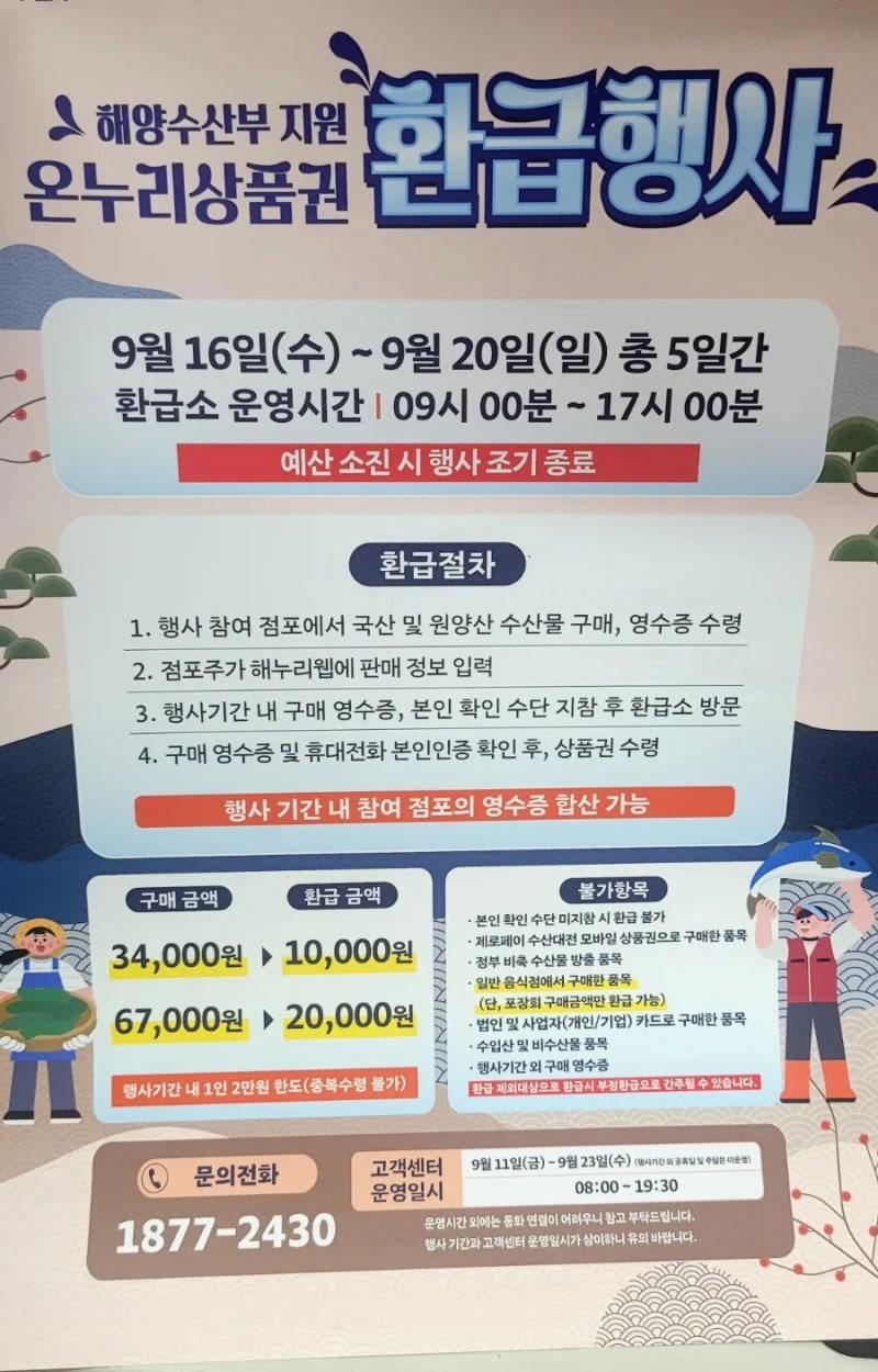 구포시장 온누리상품권 환급행사 (9/16~20) 3만4천원 구매 시 1만원 환급