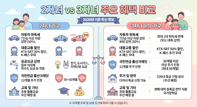 2026년 다자녀 혜택 총정리: 2자녀 vs 3자녀 비교 및 지역별·주거·세제 혜택 가이드