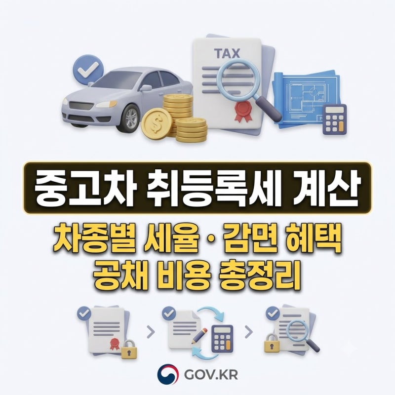 중고차 취등록세 계산 방법 총정리｜차종별 세율·과세표준·감면 혜택