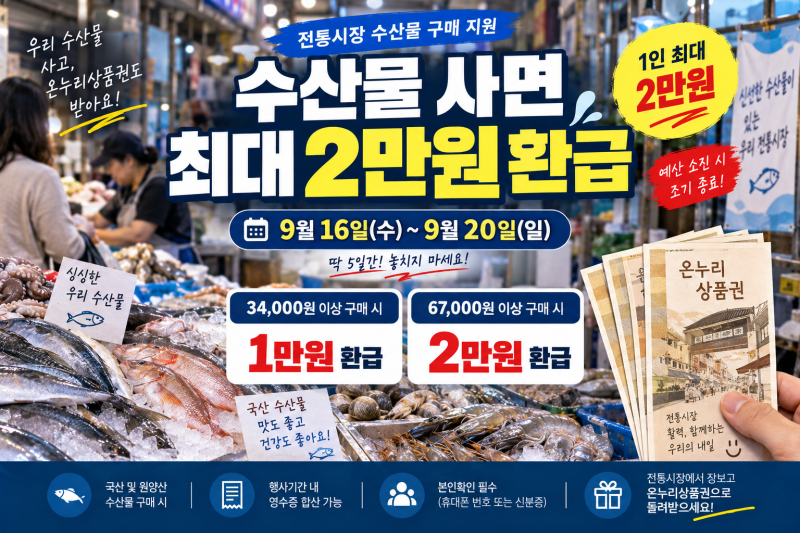 2026 온누리상품권 환급행사｜수산물 사면 최대 2만원 환급, 9월 16일부터 20일까지