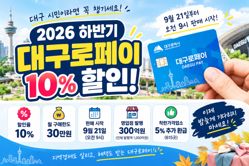 2026 하반기 대구로페이 10% 할인! 9월 21일부터 오전 9시 판매
