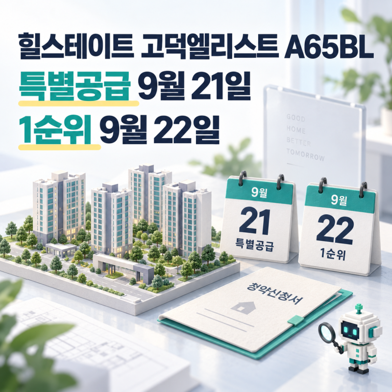 힐스테이트 고덕엘리스트 A65BL 청약일정, 특별공급 9월21일 일반공급 1순위는 22일