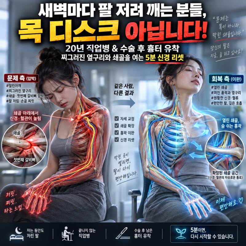 "새벽마다 저려서 팔을 주무르시나요?" 목 어깨 통증 잡는 턱관절 마사지와 쇄골 확장 루틴