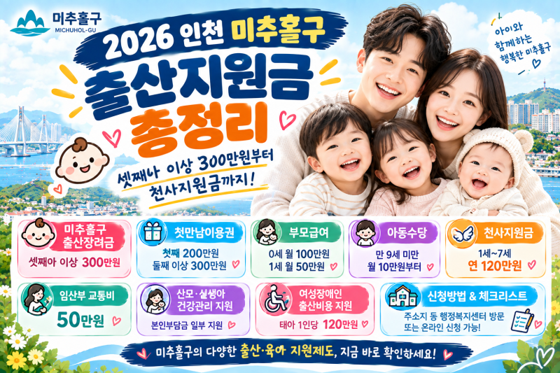 2026 인천 미추홀구 출산지원금 총정리:셋째아 이상 300만원부터 천사지원금까지 아빠가 찾아....