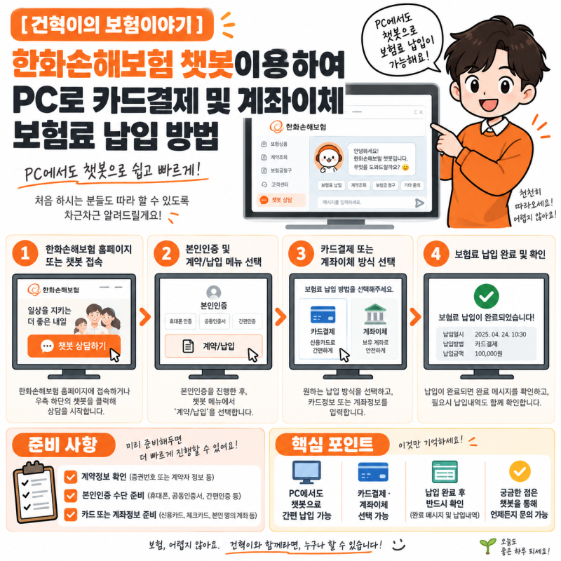 [건혁이의 보험이야기] 한화손해보험 챗봇이용 하여 PC로 카드결제 및 자동이체 변경방법 보....