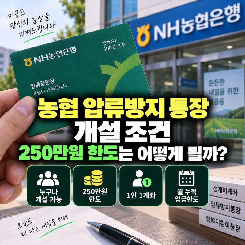 농협 압류방지 통장 개설 조건, 250만원 한도는 어떻게 될까?