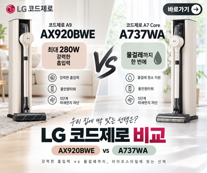 LG 코드제로 A9 (AX920BWE) vs A7 Core(A737WA) 비교, 흡입력·물걸레·가격 차이는?