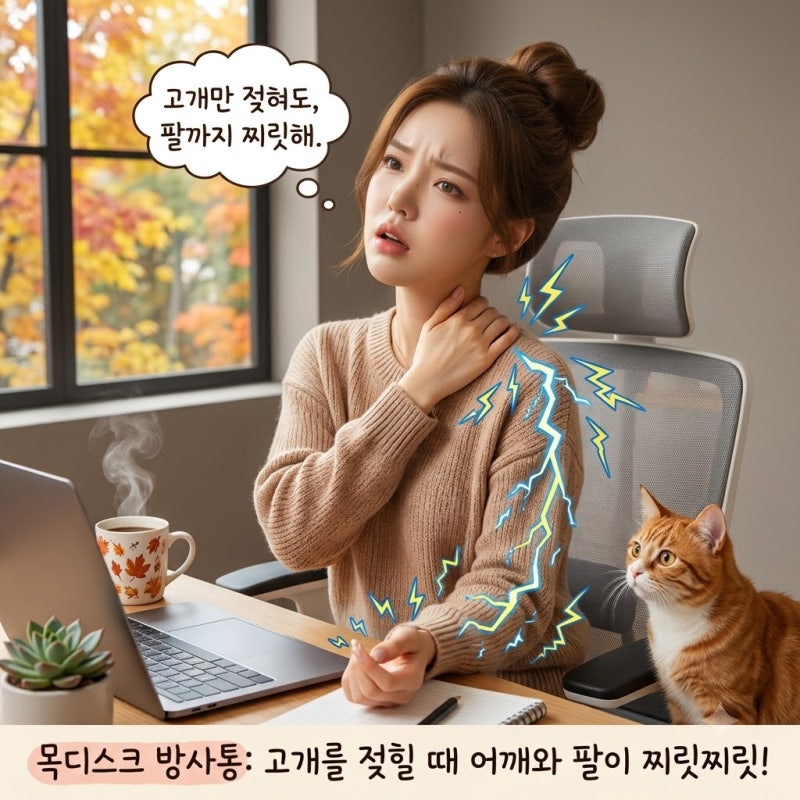고개를 젖히거나 돌릴 때 어깨와 팔뚝 전체로 전기가 통하듯 저린 목디스크 방사통