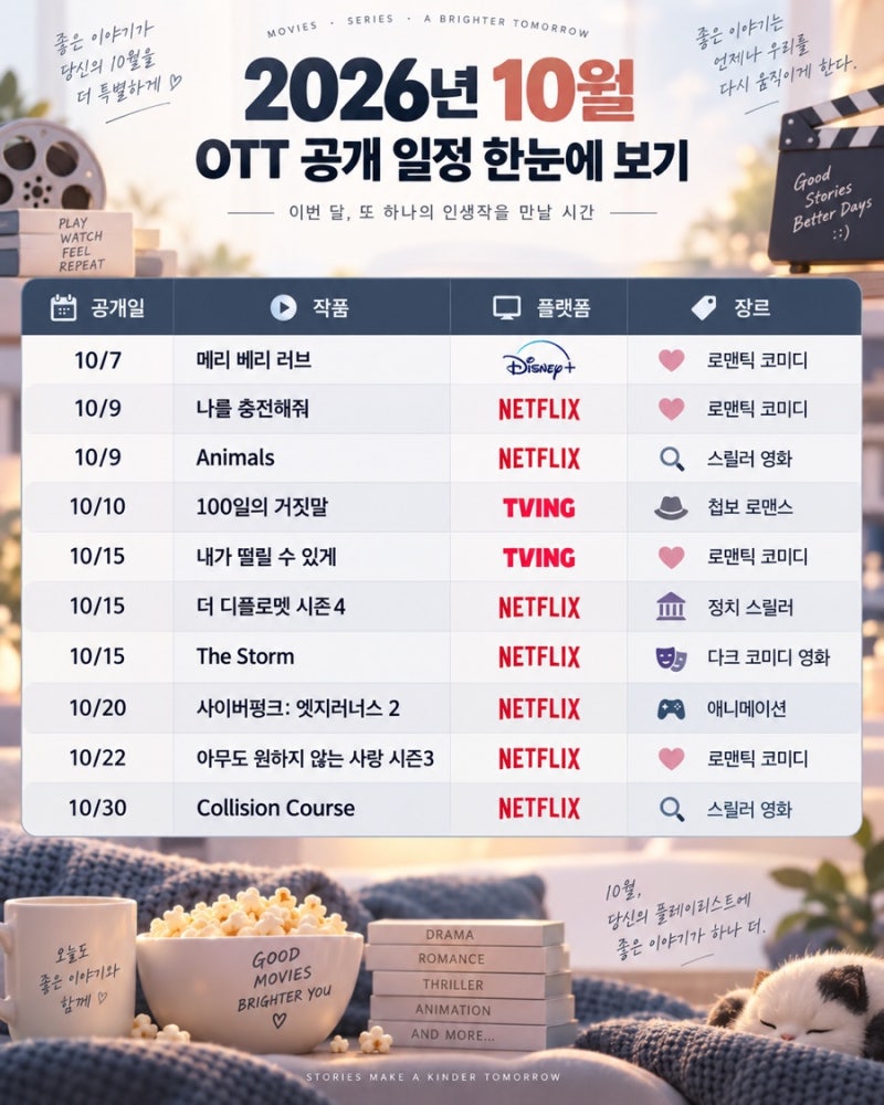 2026년 10월 OTT 신작 총정리 넷플릭스·디즈니+·티빙 영화·드라마 공개일