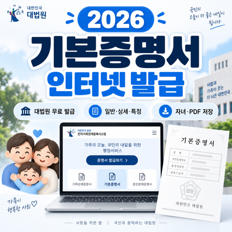 2026 기본증명서 인터넷 발급 방법｜대법원 무료 발급·일반 상세 특정 차이·자녀·PDF 저장