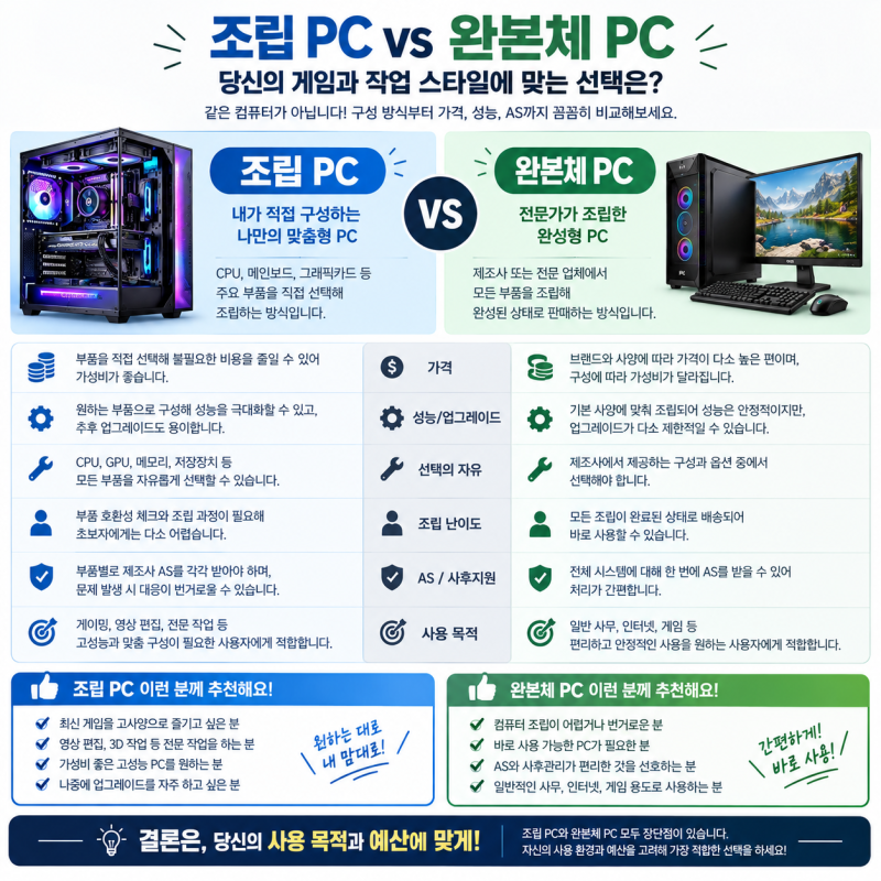 조립 PC vs 완본체 PC 장단점·가격·추천 대상 총정리[컴퓨터 구매 가이드]