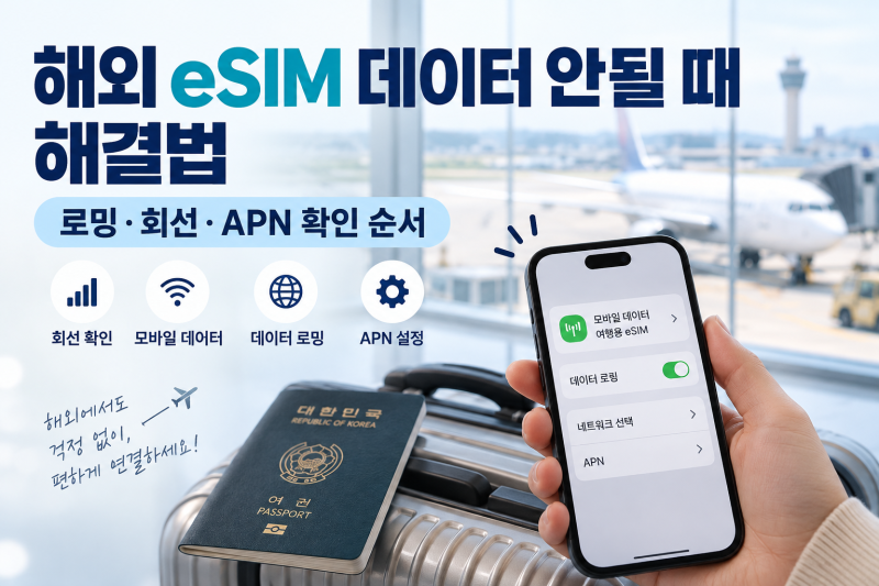 해외 eSIM 데이터 안 될 때 해결법｜아이폰·갤럭시 로밍·회선·APN 확인 순서