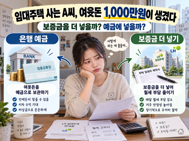 LH 임대주택사는 A씨,여윳돈 1,000만원을 예금이자 받는게 유리할까? 임대보증금에 넣고 월세 ....