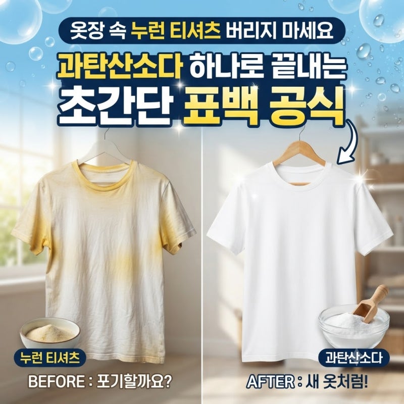 옷장 속 누런 티셔츠 버리지 마세요, 과탄산소다 하나로 끝내는 초간단 표백 공식