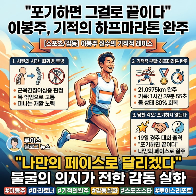 난치병 딛고 일어선 마라토너 이봉주 감동 근황…목 꺾임 이겨내고 하프마라톤 1시간대 완주....