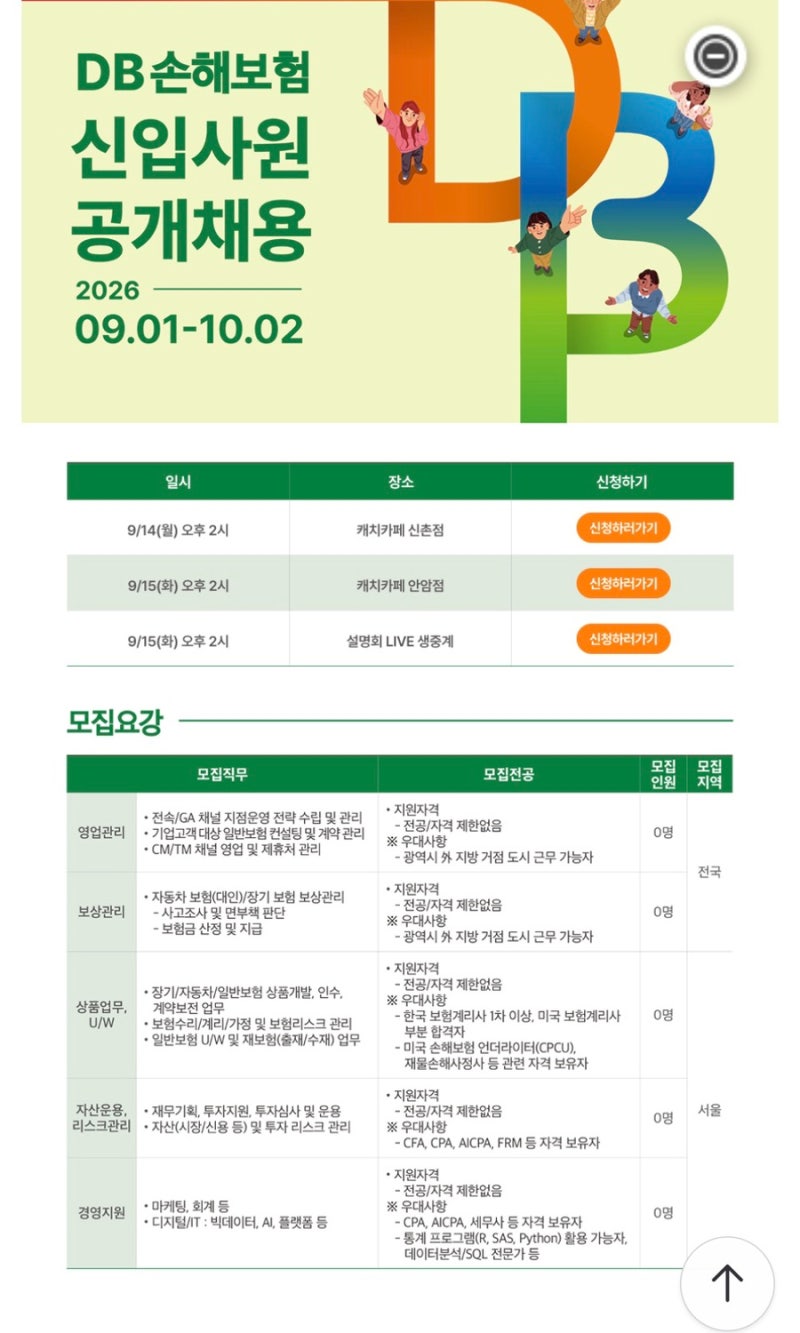 연봉 성과급 3대장 보험사 DB 현대 한화손보 채용 시작! 모집분야 및 일정 정리
