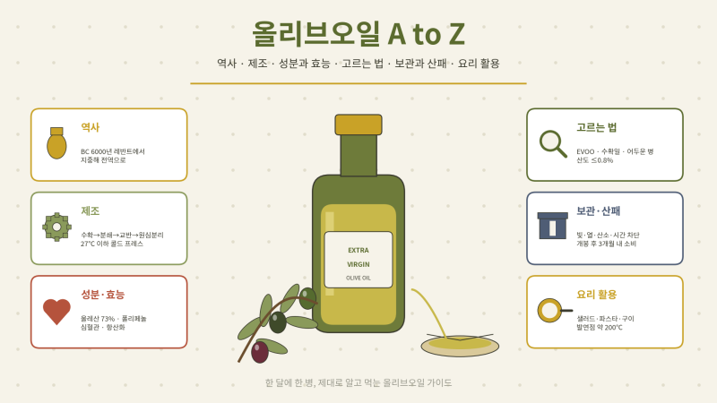 한 달에 한 병, 제대로 알고 먹자 올리브오일 A to Z — 역사·제조·성분과 효능·고르는 법·보....