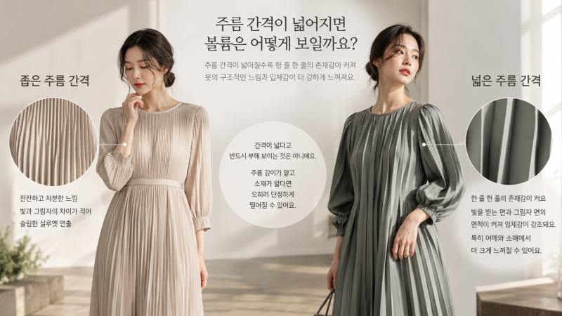 플리츠 가디건 주름 간격과 깊이에 따라 달라지는 볼륨감과 드레이프