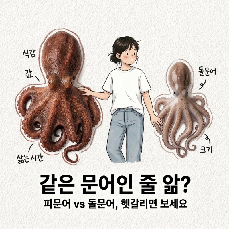 피문어 돌문어 차이, 식감, 삶는 시간, 값, 제수용, 대문어 참문어