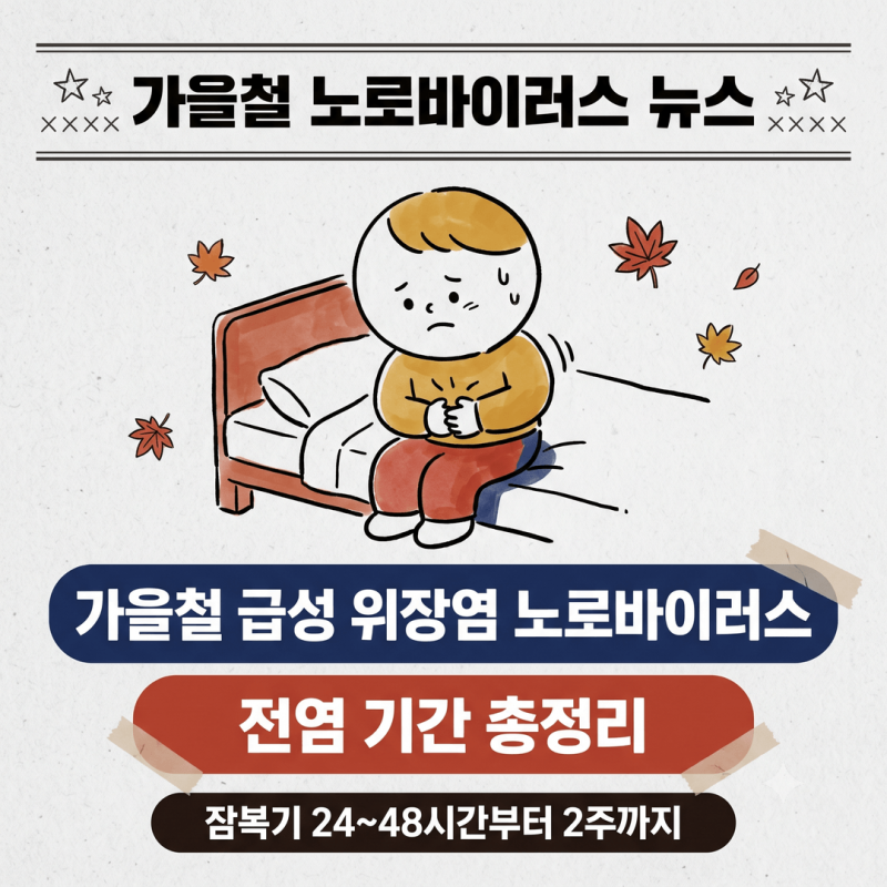 가을철 급성 위장염 노로바이러스 전염 기간, 잠복기 24시간부터 48시간까지와 증상 소실 후 2....
