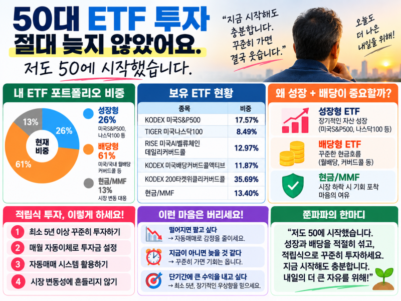 50대 ETF 투자, 절대 늦지 않았어요. 저도 50에 시작했습니다. 단일 종목 멘탈 털립니다.