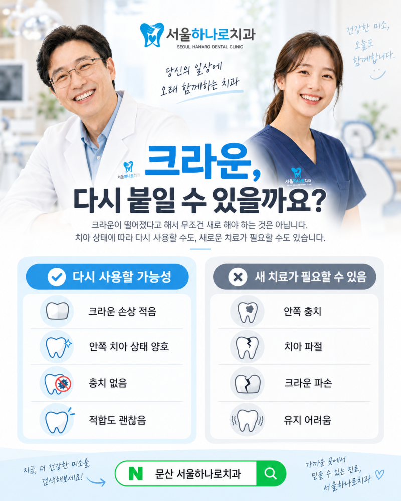 [문산 서울하나로치과] 크라운이 빠졌어요, 다시 붙이면 될까요?