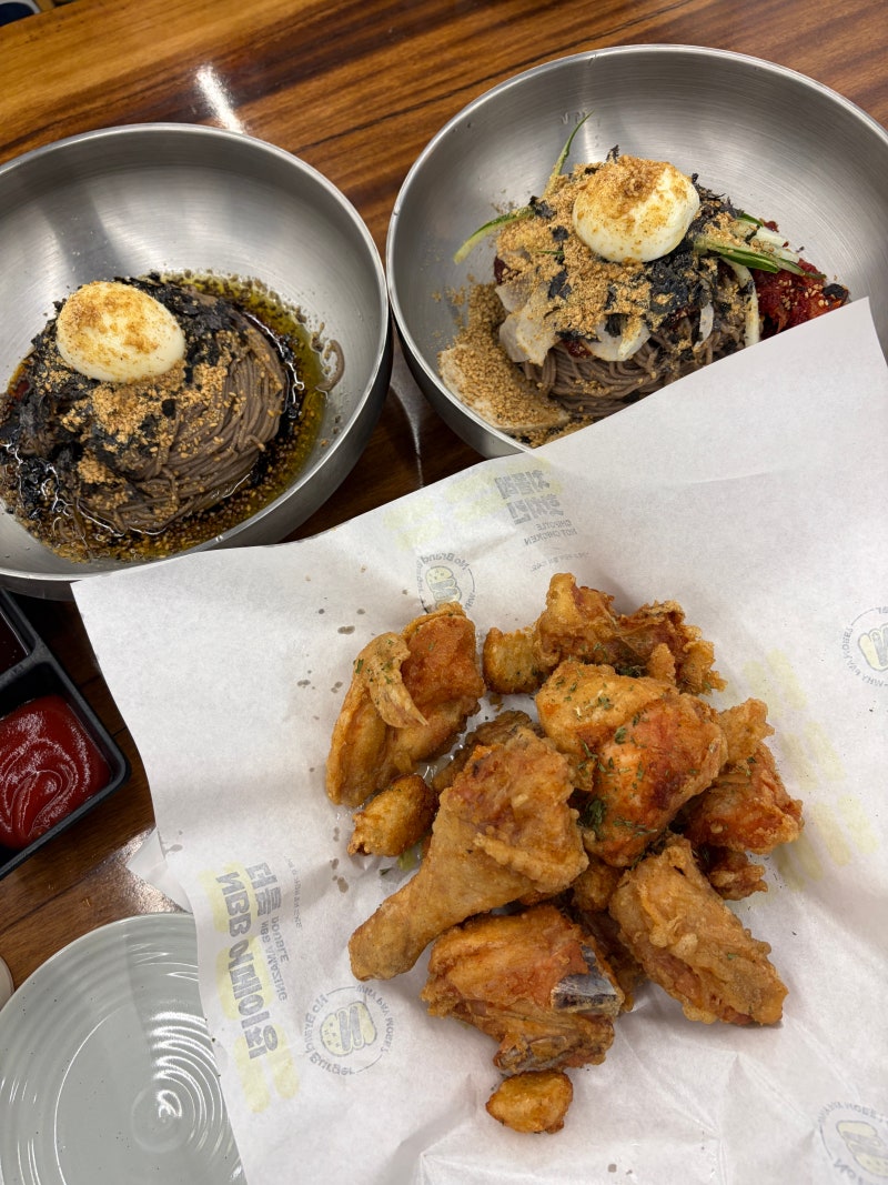 강릉막국수 송정메밀막국수 신라모노그램 근처 맛집 치킨 회막국수 함께 먹은 후기