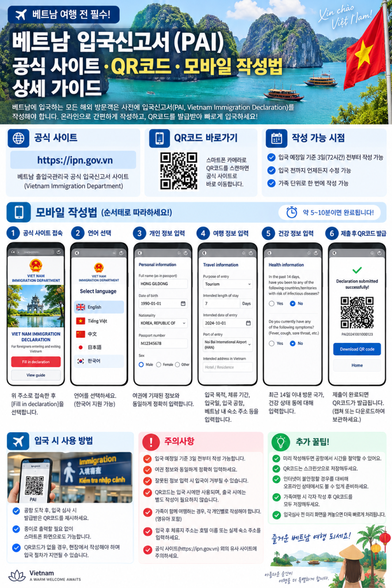 베트남 입국신고서(PAI) 공식 사이트·QR코드·모바일 작성법 상세 가이드 (2026년 최신)