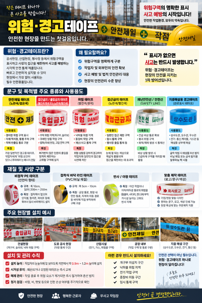 건설현장 위험테이프·경고테이프 종류 총정리｜출입금지·접근금지·안전제일·매설표시까....