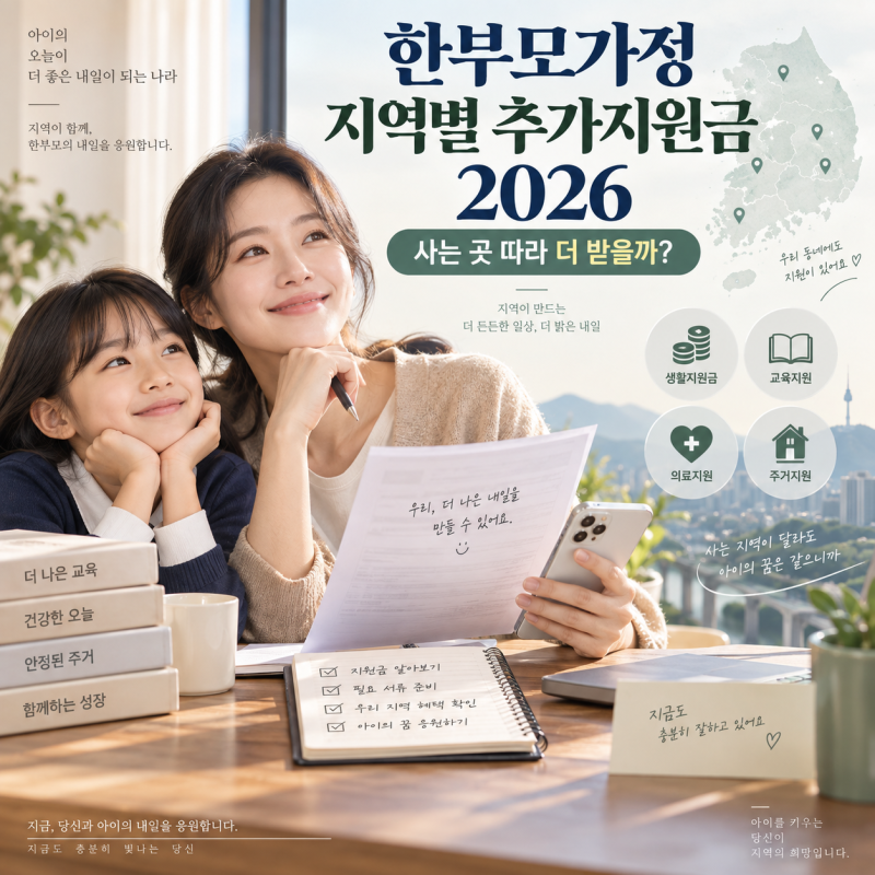 한부모가정 지역별 추가지원금 2026, 사는 곳 따라 얼마 더 받을까? 금액·신청조건 총정리