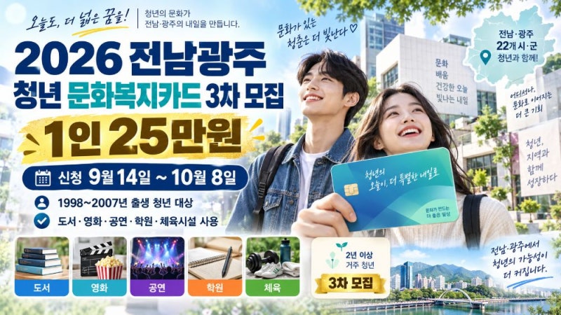 2026 전남광주 청년 문화복지카드 3차 모집 신청방법, 1인 25만원 10월 8일 마감