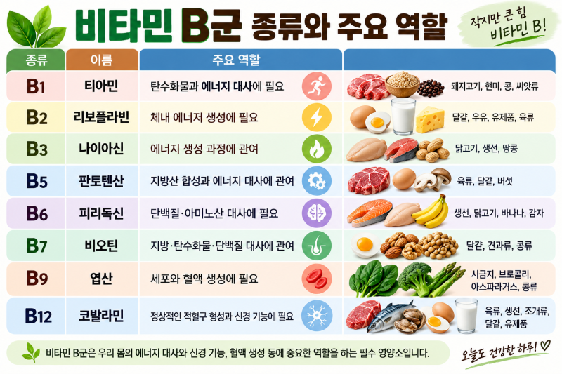 비타민 B 종류별 효능과 풍부한 음식 총정리｜B1·B2·B6·B12·엽산까지