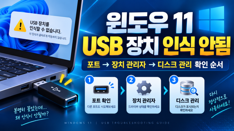 윈도우 11 USB 장치 인식 안됨, 포트부터 장치 관리자·디스크 관리까지 확인 순서