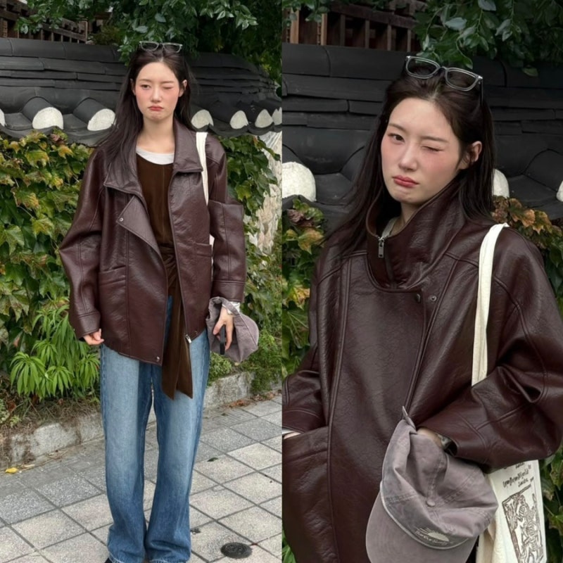 가을가을한 정채연의 가죽 레더 자켓, 모자, 청바지, 신발 정보