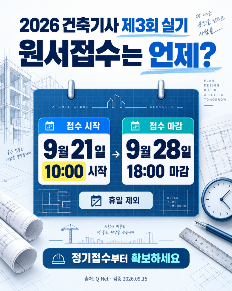 2026 건축기사 제3회 실기 접수는 9월 21일! 필답형·수수료·합격기준
