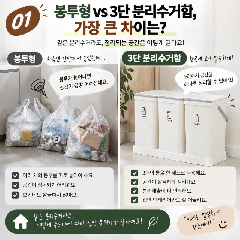 봉투 3개 놓기 싫다면? 모노플랫 3단 분리수거함 2만원대 살까