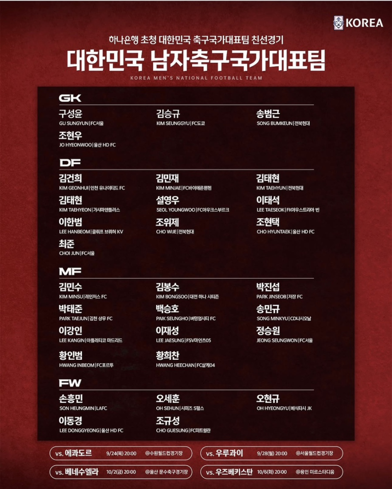 모레노호 1기 명단 발표! 김민수, 김건희, 박태준은 누구? 9월 A매치 4경기 예매 정보