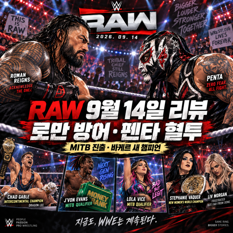WWE RAW 9월 14일 리뷰｜로만 레인즈, 멕시코 영웅 펜타 꺾고 타이틀 방어…롤라 바이스·제본 ....
