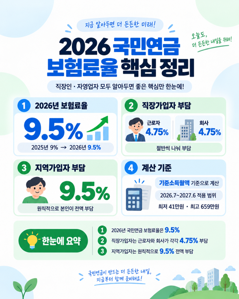 2026 국민연금 보험료율 9.5%, 직장인 월급에서 얼마나 빠질까? 부담액 계산 정리