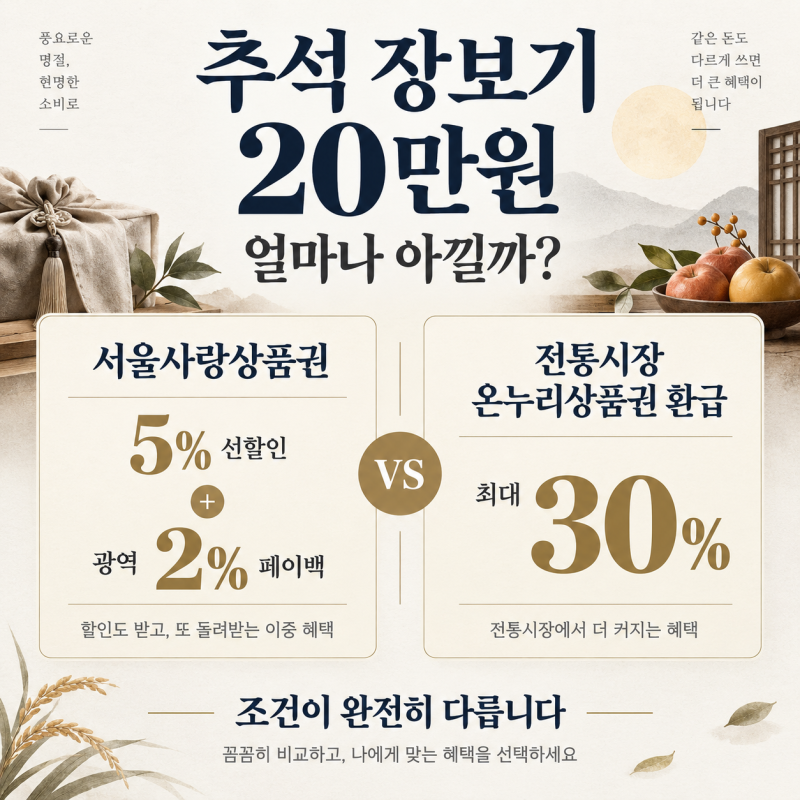 추석 장보기 20만원이면 얼마 아낄까? 서울사랑상품권·온누리상품권 혜택 계산