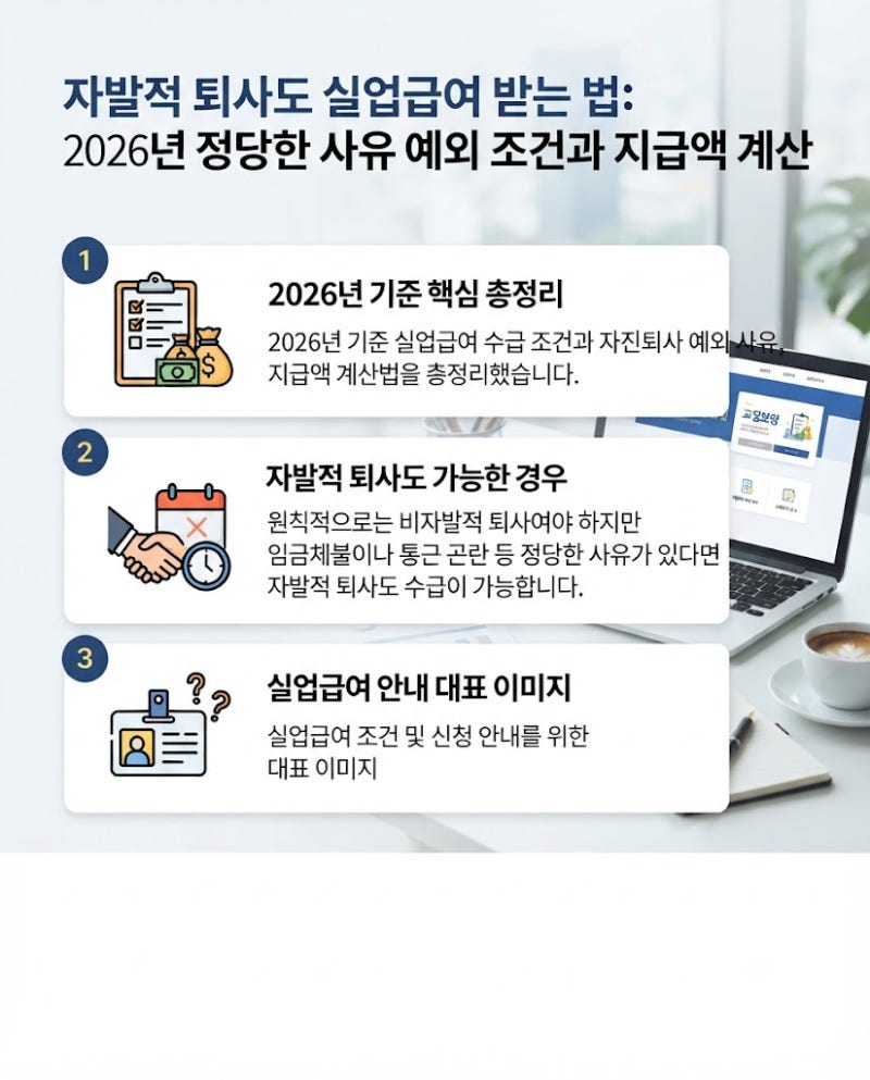 자발적 퇴사도 실업급여 받는 법: 2026년 정당한 사유 예외 조건과 지급액 계산