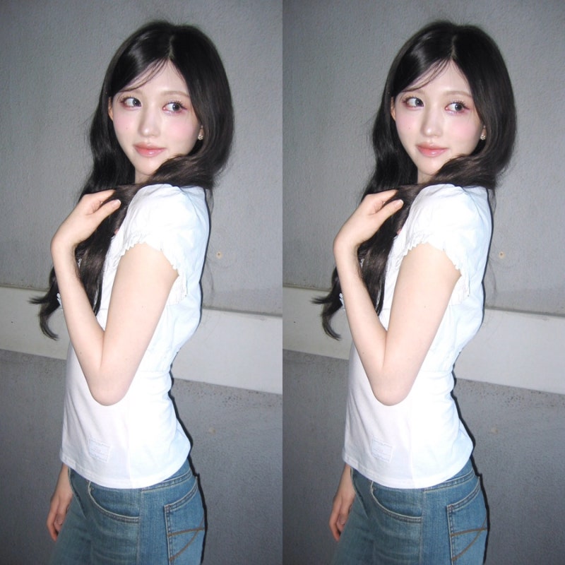 아이브 가을 퍼프소매 크롭 블라우스 데님 청바지 어디 거?