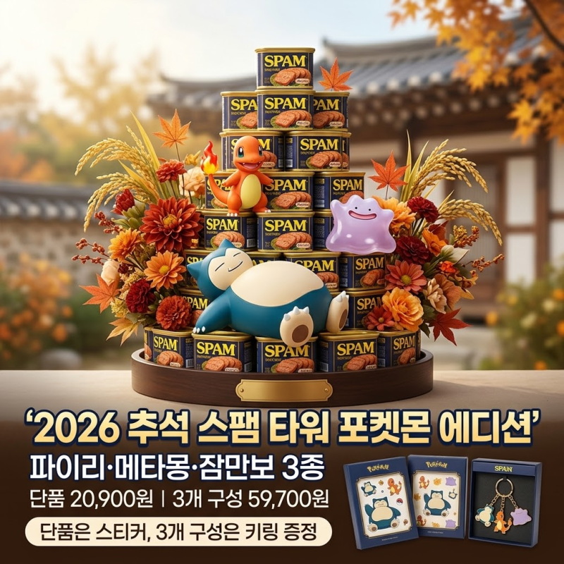 2026 추석 스팸 타워 포켓몬 에디션｜파이리·메타몽·잠만보 가격·키링 구성