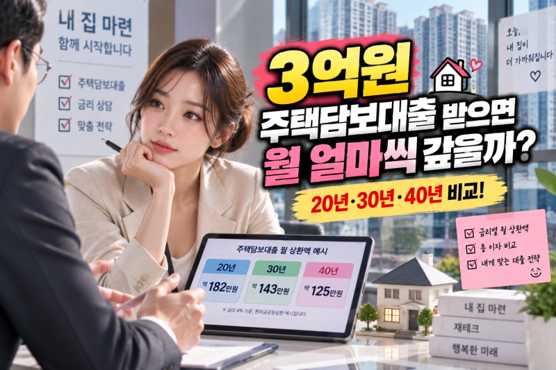 3억 대출받으면 한 달에 얼마 갚을까?｜20년·30년·40년 주택담보대출 비교