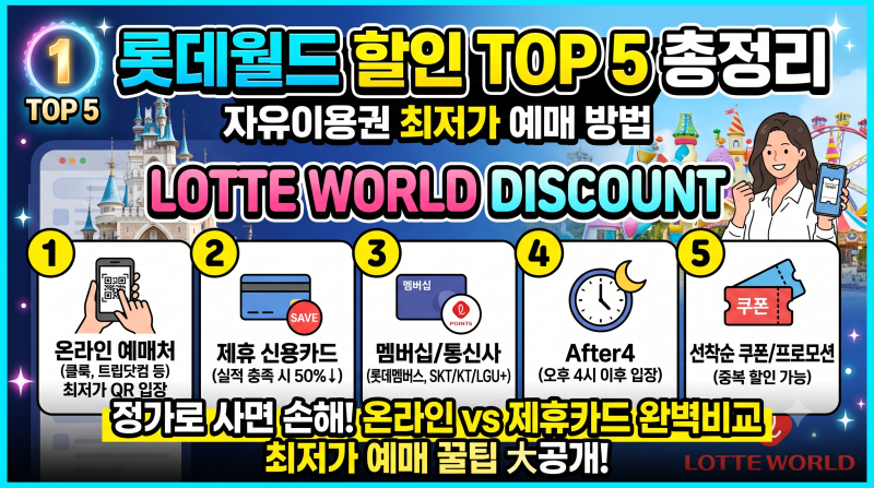 롯데월드 할인 TOP 5 총정리｜자유이용권 최저가 예매 방법과 꿀팁 (2026)